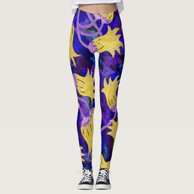 Gula blommor: mörkens vattenfärgsbakgrundsgrafik leggings (Framsida)
