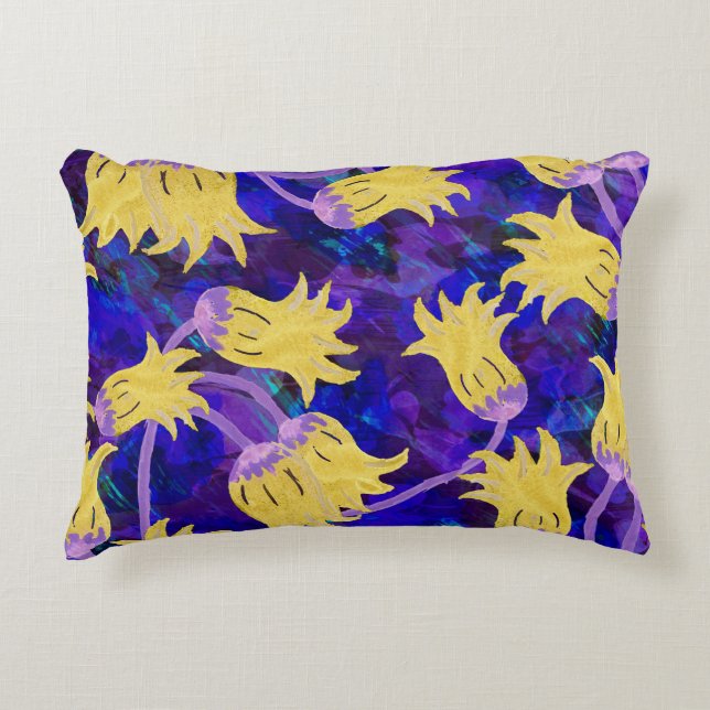 Gula blommor: mörkens vattenfärgsbakgrundsgrafik prydnadskudde (Framsidan)