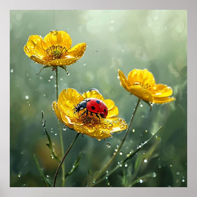 🐞 Gula Blommor Nyckelpiga Naturscen 🐞 Poster (Framsidan)