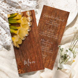 Gula blommor och Barn Wood Landsbyggsbröllop Menu Meny