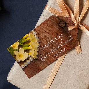 Gula blommor och Barn Wood Wedding Favor Märkre Presentetikett