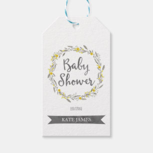 Gula blommor- och grå färglövkranbaby shower presentetikett
