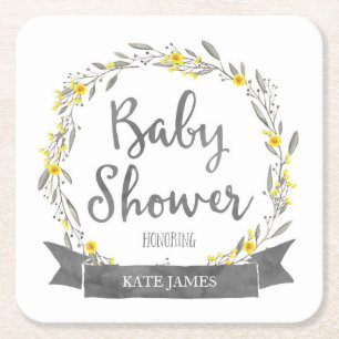 Gula blommor- och grå färglövkranbaby shower underlägg papper kvadrat