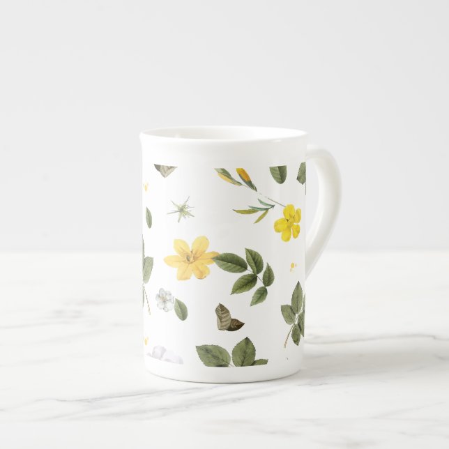 Gula blommor och Vit ros 3 Benporslin Mugg (Framsida höger)