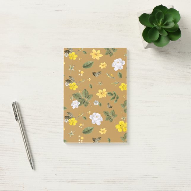 Gula blommor och Vit ros 4 Post-it Block (Kontor)