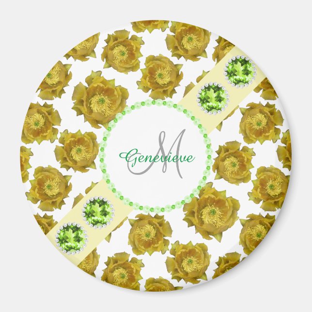 Gula blommor on White, Grönt Gemstones & Pearls Magnet (Framsidan)