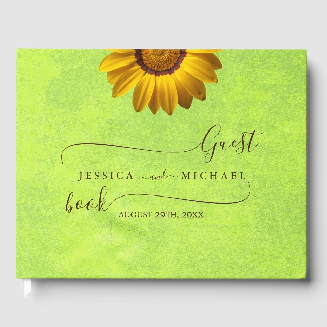 Gula blommor på abstrakt grön bröllopsbakgrund gästböcker (Framsida)
