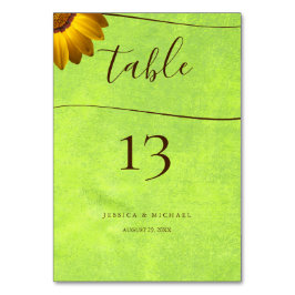 Gula blommor på Abstrakt Grönt Bröllop Bordsnummer