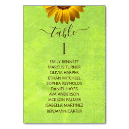 Gula blommor på Abstrakt Grönt Bröllop Bordsnummer