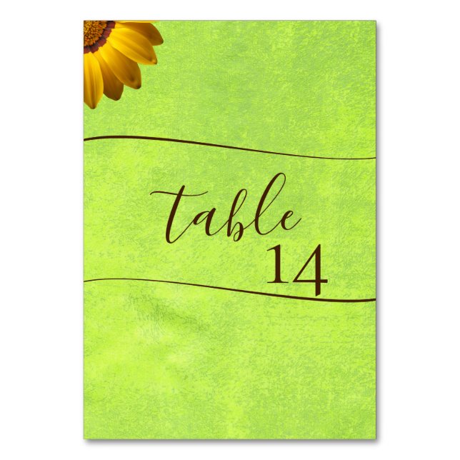 Gula blommor på Abstrakt Grönt Bröllop Bordsnummer (Framsidan)