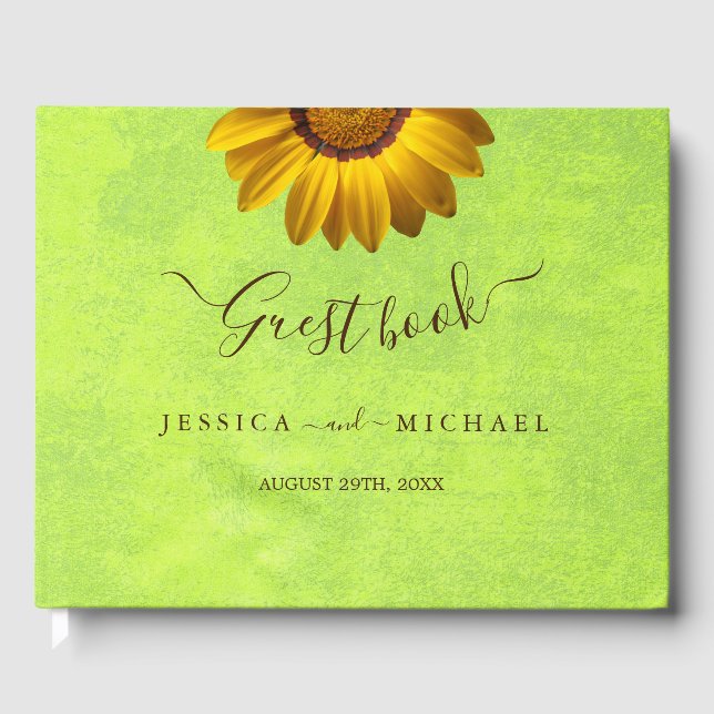 Gula blommor på Abstrakt Grönt Bröllop Gästböcker (Framsida)