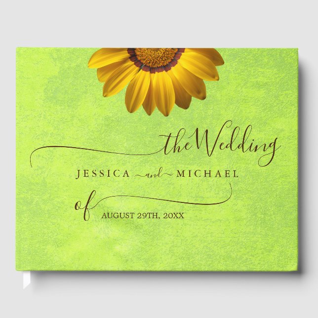 Gula blommor på Abstrakt Grönt Bröllop Gästböcker (Framsida)