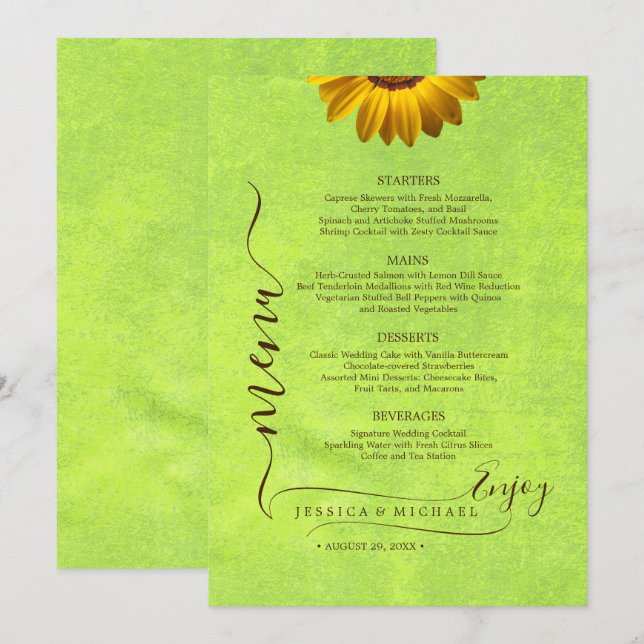 Gula blommor på Abstrakt Grönt Bröllop Meny (Fram/baksida)