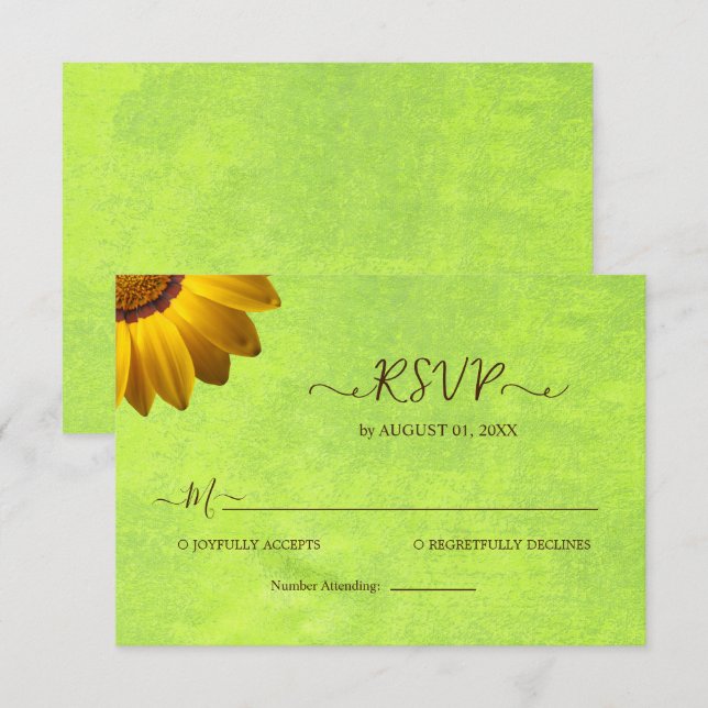 Gula blommor på Abstrakt Grönt Bröllop OSA Kort (Fram/baksida)