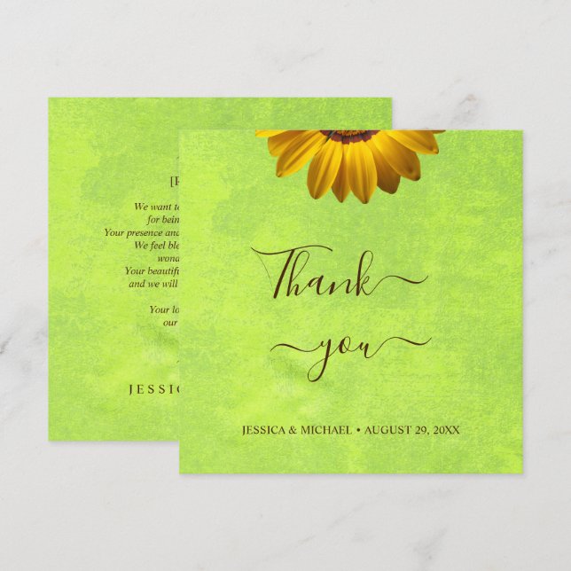 Gula blommor på Abstrakt Grönt Bröllop Tack Kort (Fram/baksida)