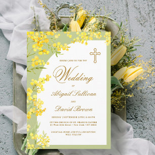 Gula blommor på den gröna Religiösan Lime Bröllop Inbjudningar