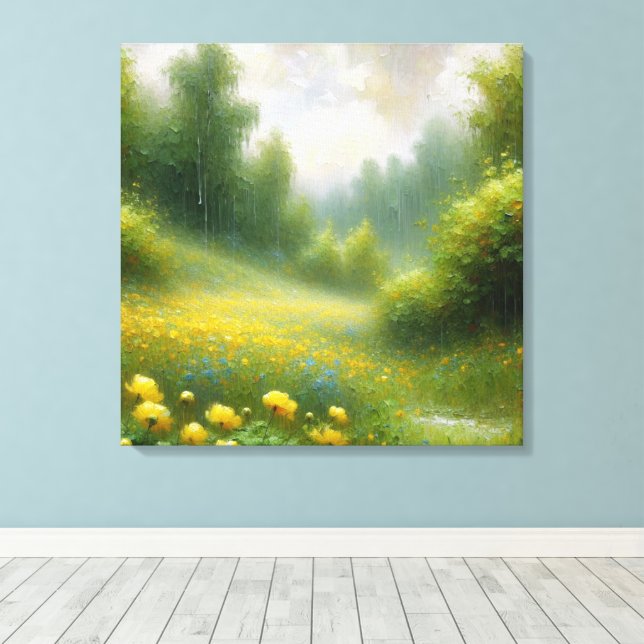 Gula blommor på en regndag canvastryck (Insitu (trägolv))