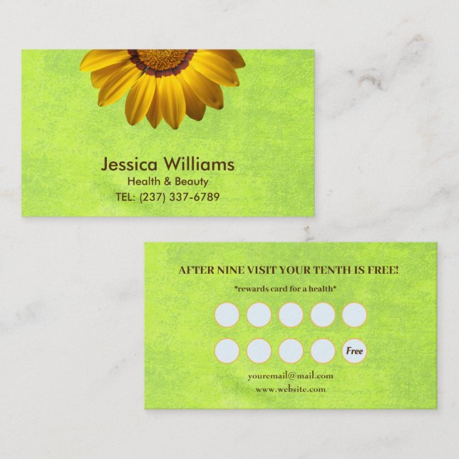 Gula blommor på Grönten Abstrakt Monogram Lojalitetskort (Fram/baksida)