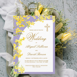 Gula blommor på lila religiös bröllopsfest inbjudningar