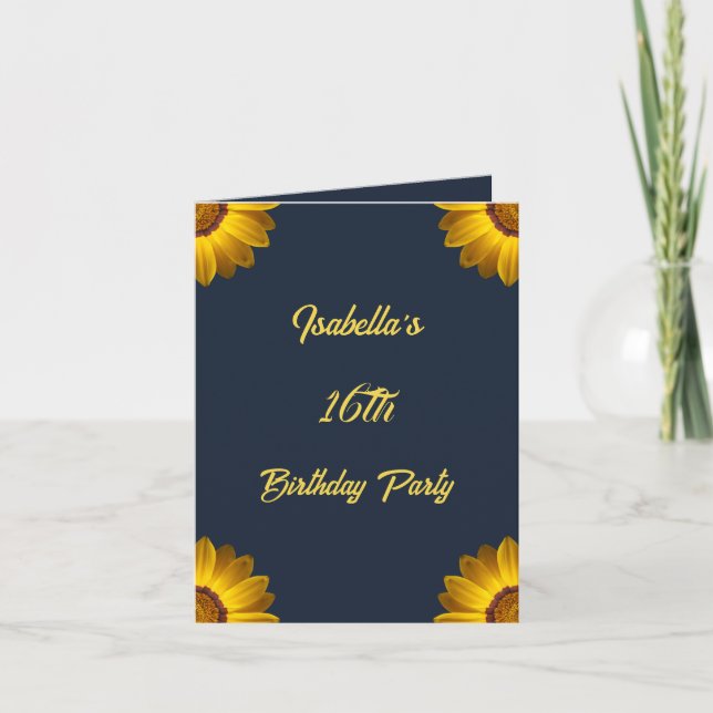 Gula blommor på marinblå bakgrund Monogram in Inbjudan (Framsida)