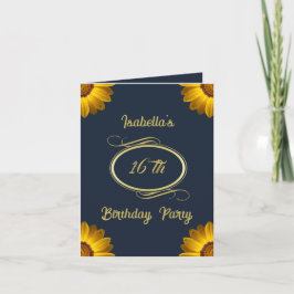 Gula blommor på marinblå bakgrund Monogram in Inbjudan