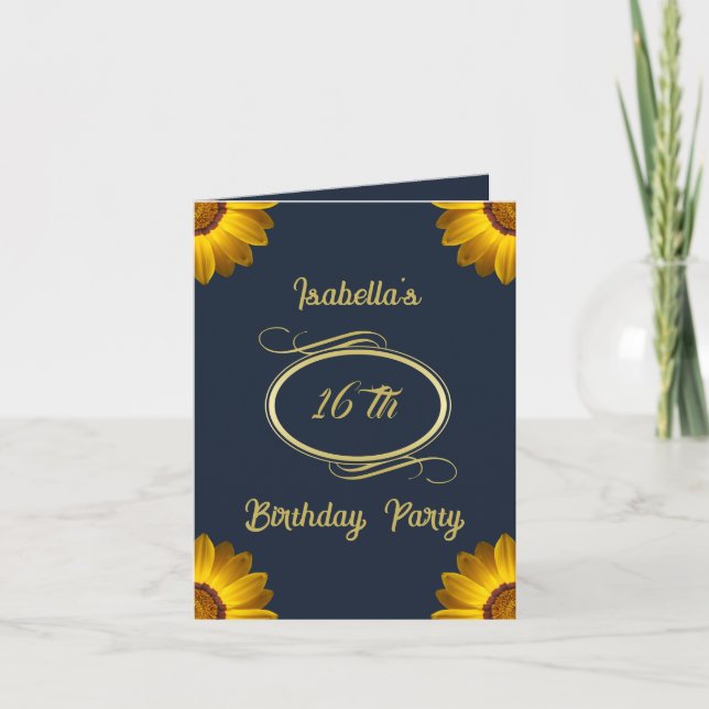 Gula blommor på marinblå bakgrund Monogram in Inbjudan (Framsida)