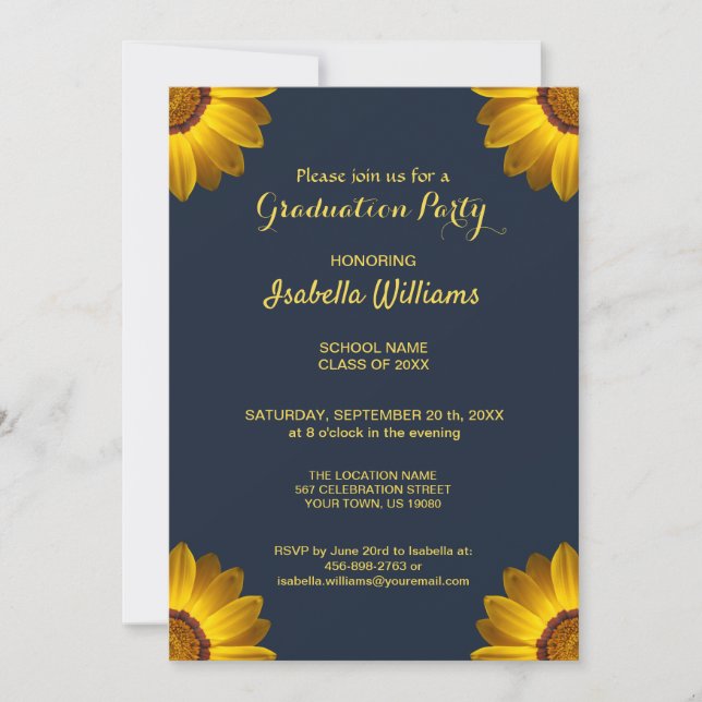 Gula blommor på marinblå bakgrund Monogram in Inbjudningar (Framsida)