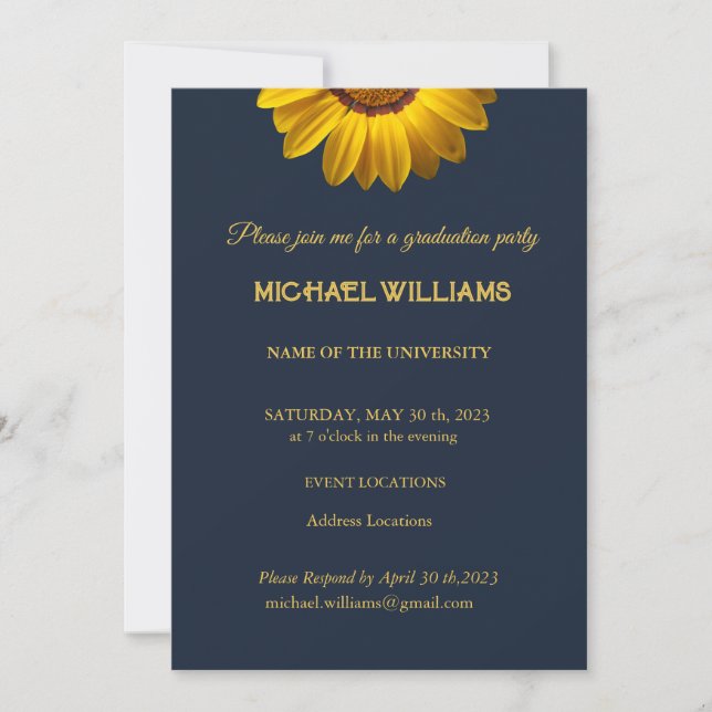 Gula blommor på marinblå bakgrund Monogram in Inbjudningar (Framsida)