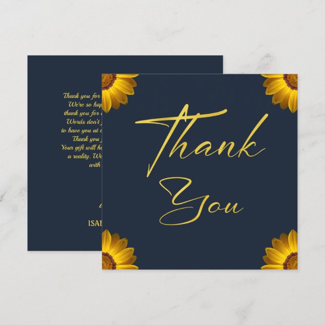 Gula blommor på marinblått bakgrundsmonogram tack kort (Fram/baksida)