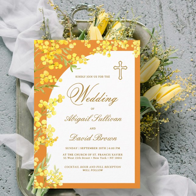 Gula blommor på orange religiös bröllopsfest inbjudningar (Skapare uppladdad)