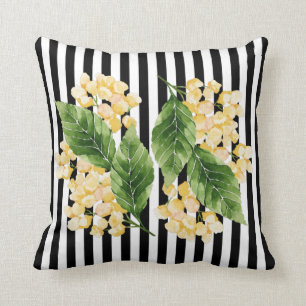 Gula blommor på svarta och vita rand kudde