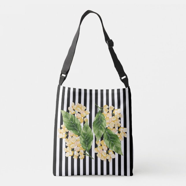 Gula blommor på svartvit rand axelväska (Baksida)