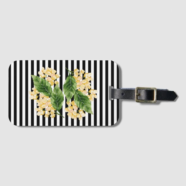 Gula blommor på svartvit rand bagagebricka (Framsida horisontal)