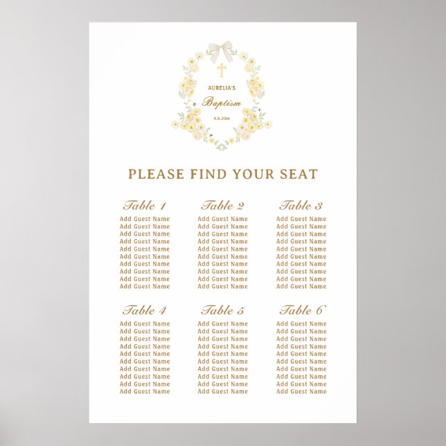 Gula blommor ram båge dop sittplatskarta poster (Framsidan)