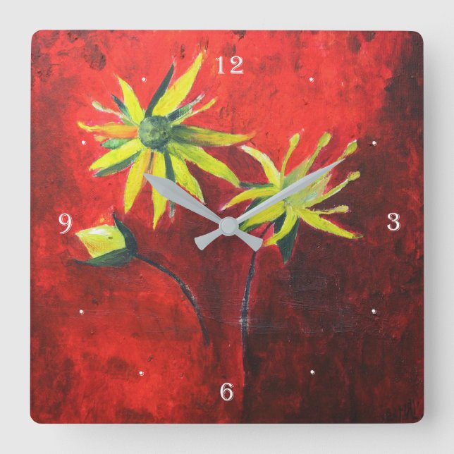 Gula blommor Red Background Art-målning Fyrkantig Klocka (Framsida)