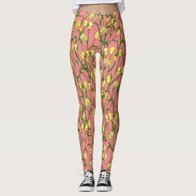 Gula blommor Rosa - Vintage i bakgrunden Leggings (Framsida)