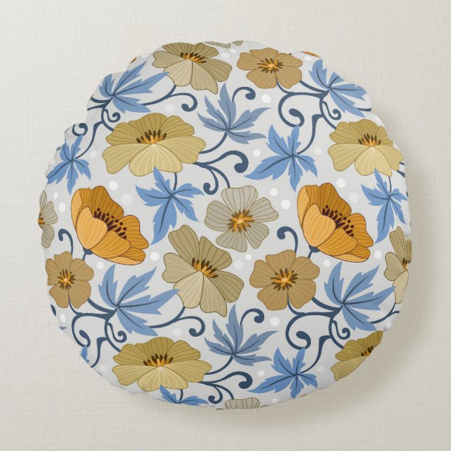 Gula blommor: Sömlös textildesign Rund Kudde (Framsidan)
