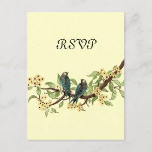 Gula blommor Teal Vintage Birds Responskort Card Inbjudan Vykort