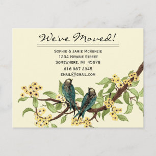 Gula blommor Teal Vintage Fåglar Vi har flyttat! Meddelande Vykort