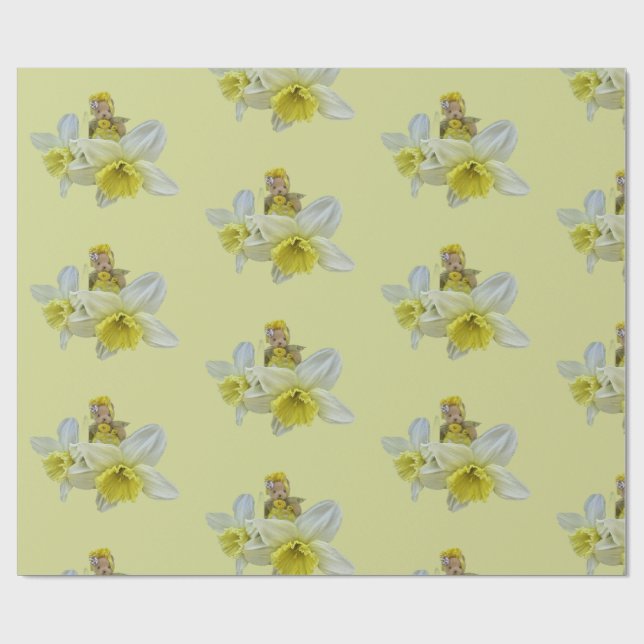 Gula blommor teddybjörnar blommande narcissus baby presentpapper (Platt)
