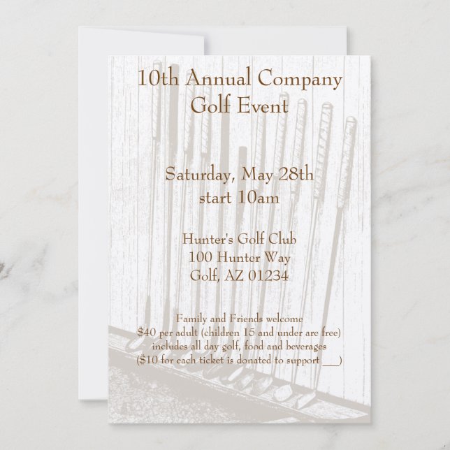 Gula & bruna golfklubbar för vintageantikvitet inbjudningar (Framsida)