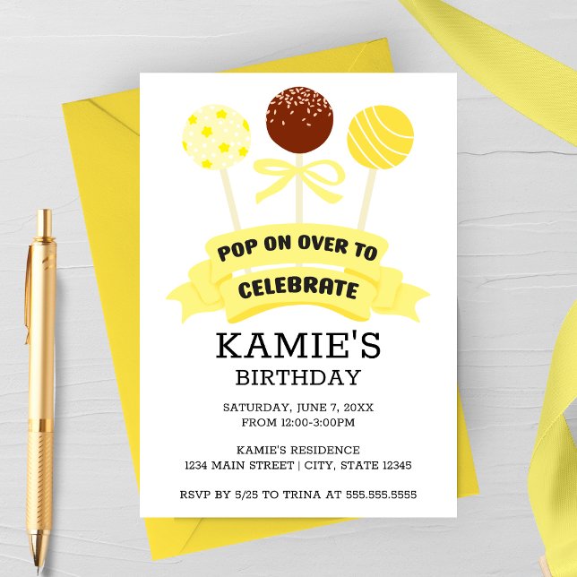 Gula Cake Pops Födelsedagsfest Inbjudningar (Yellow Cake Pops Birthday Party Invitation)
