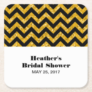 Gula Chevron Glitter Bröllopsdusch Coasters Underlägg Papper Kvadrat