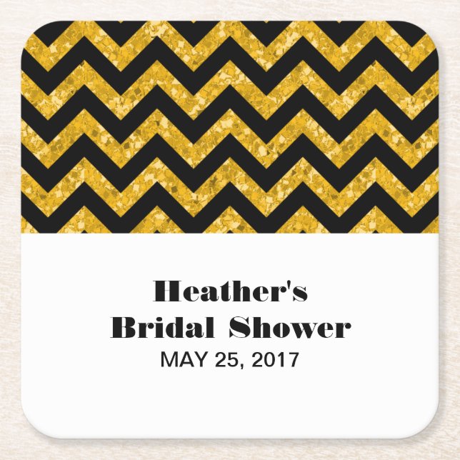 Gula Chevron Glitter Bröllopsdusch Coasters Underlägg Papper Kvadrat (Framsidan)