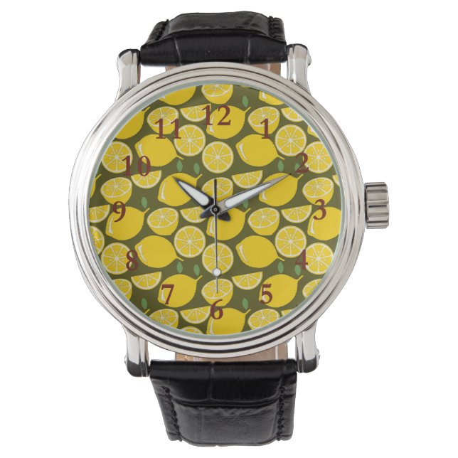 Gula citron & Olivgrön mönster: Modern citrus Armbandsur (Framsida)