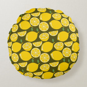 Gula citron & Olivgrön mönster: Modern Citrus Rund Kudde