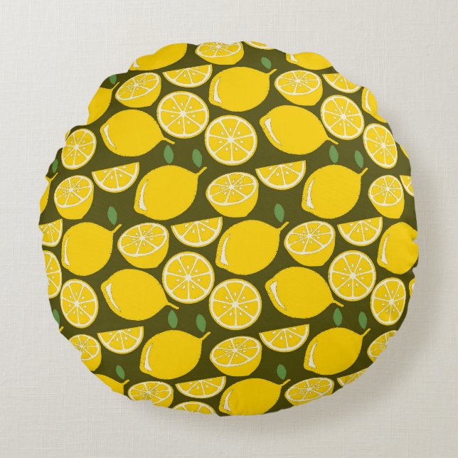 Gula citron & Olivgrön mönster: Modern Citrus Rund Kudde (Framsidan)