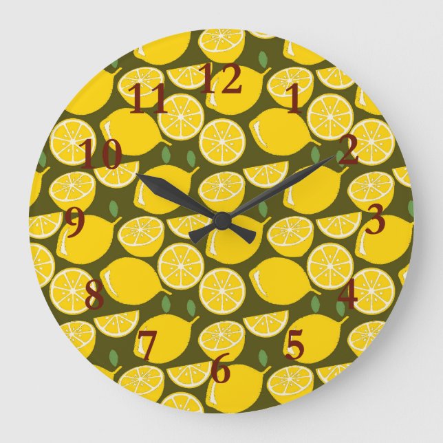 Gula citron & Olivgrön mönster: Modern citrus Stor Klocka (Framsida)