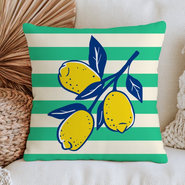 Gula citron på gröna ränder Modern citrusfrukt Kudde (Skapare uppladdad)