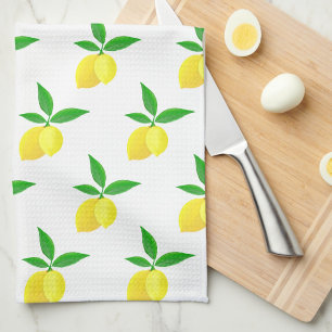 Gula citroner Gröna blad Vit bakgrund Kökshandduk